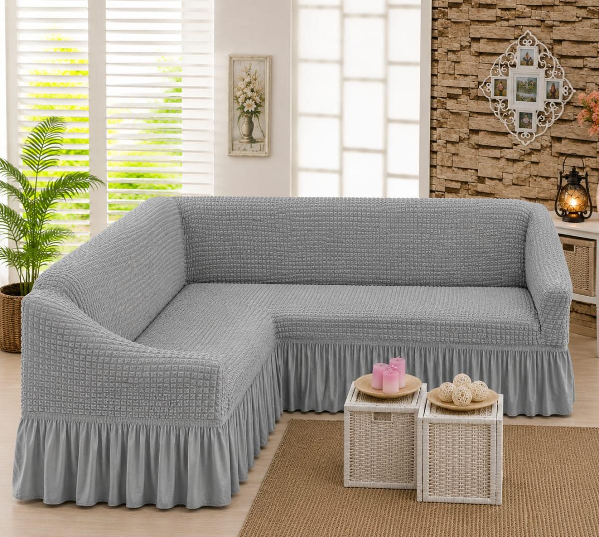 🔥Huse premium pentru canapea colțar creponate cu volanași calitativează pe oricare fel de colțar fin cu elastic se aşezed rotund L shape U shape super oferta pentru colțar🔥