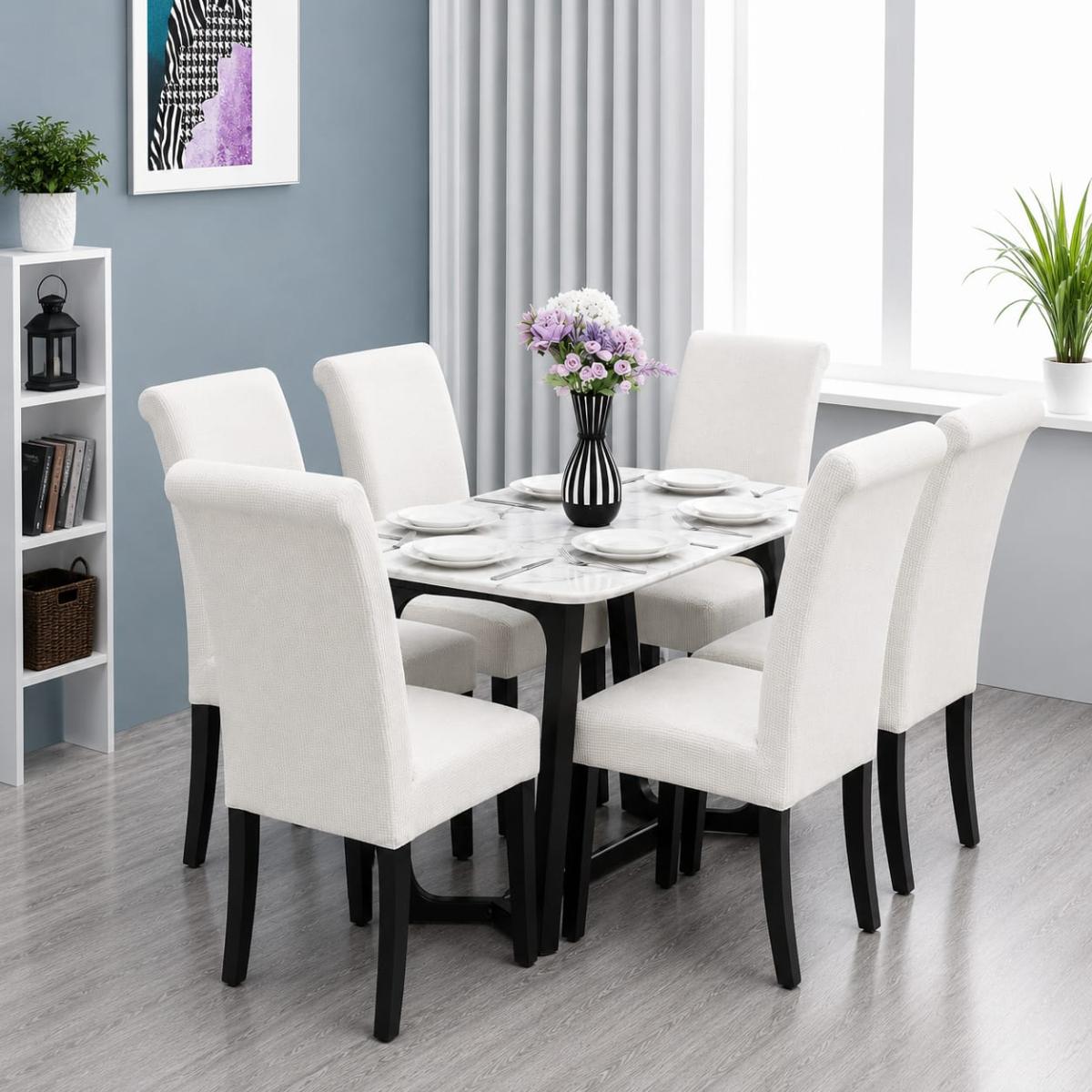 🔥Huse scaune 6 in set material lycra calitative foarte bune cu elastic aşezează pe scaune rotunde și patrate alb🔥