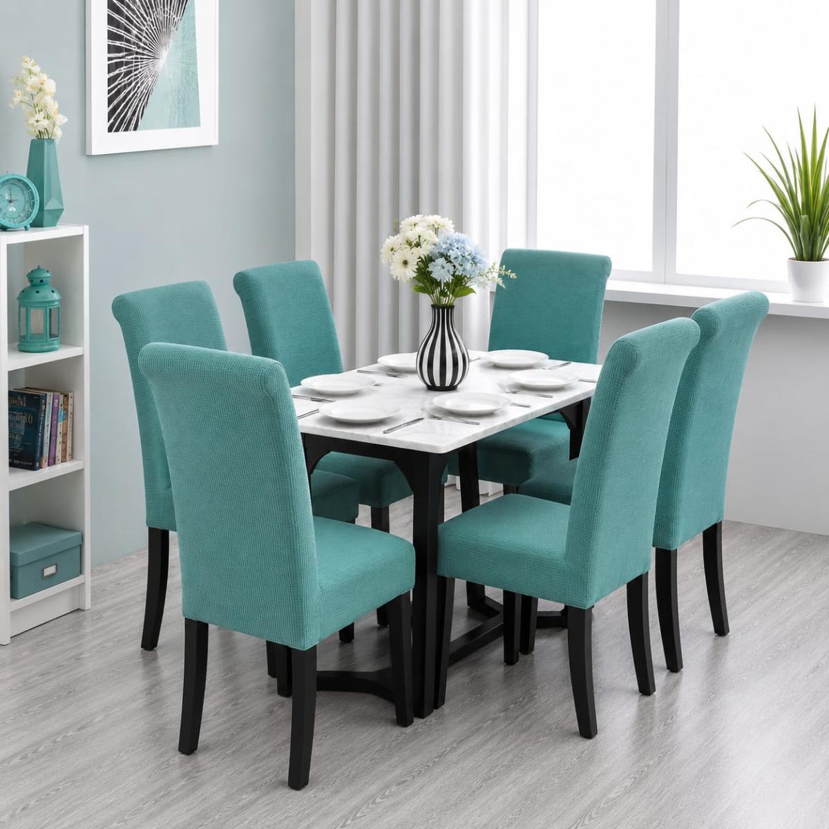 🔥Huse scaune 6 in set material lycra calitative foarte bune cu elastic aşezează pe scaune rotunde și patrate turquaz🔥