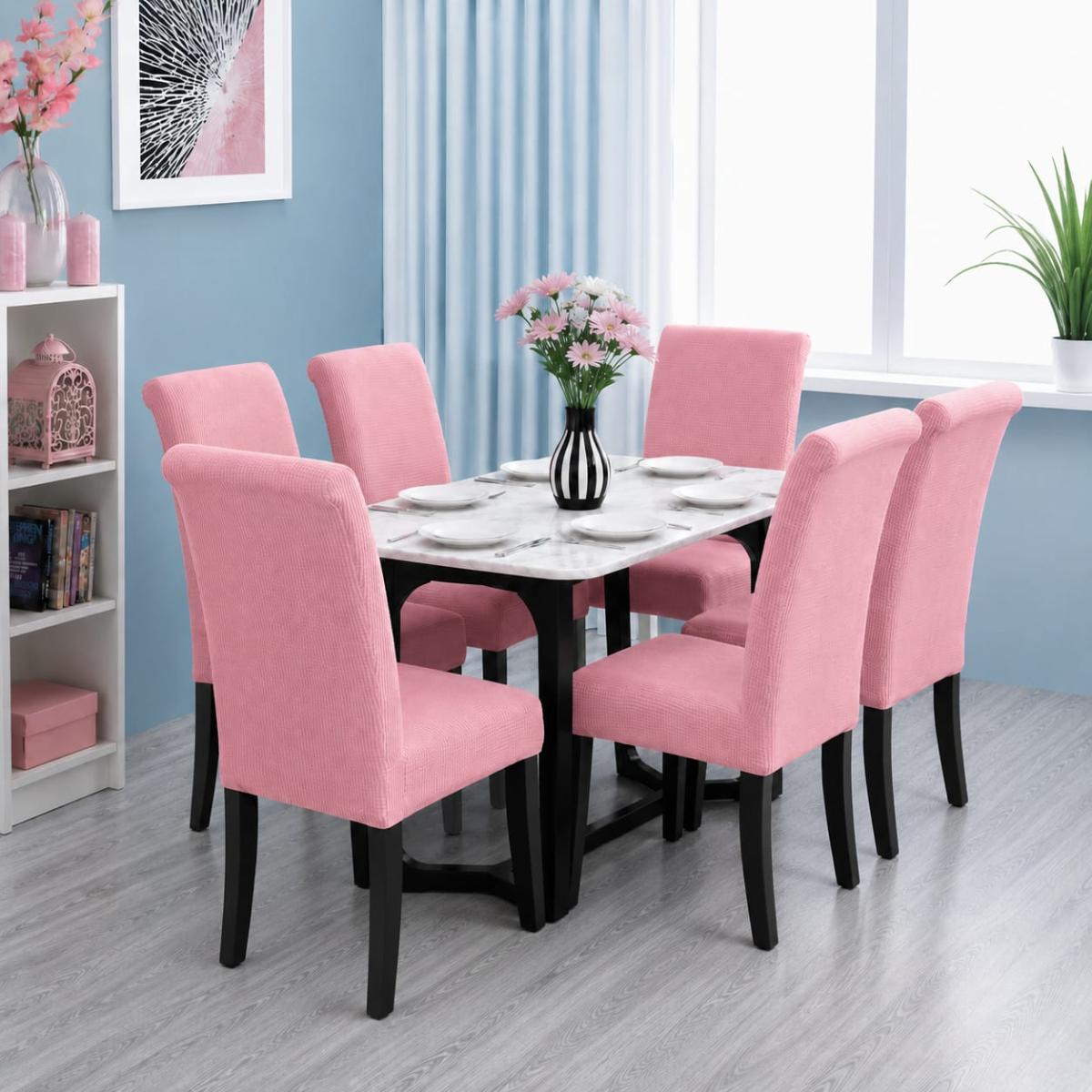 🔥Huse scaune 6 in set material lycra calitative foarte bune cu elastic aşezează pe scaune rotunde și patrate roz deschis🔥