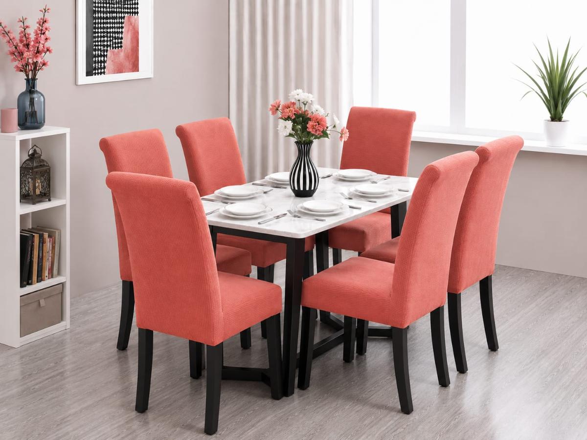 🔥Huse scaune 6 in set material lycra calitative foarte bune cu elastic aşezează pe scaune rotunde și patrate coral🔥