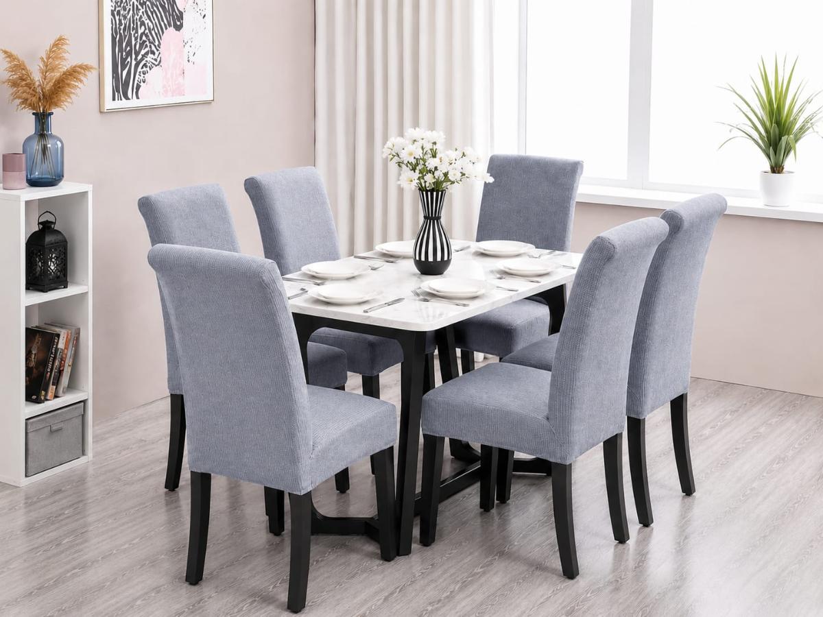 🔥Huse scaune 6 in set material lycra calitative foarte bune cu elastic aşezează pe scaune rotunde și patrate gri deschis🔥
