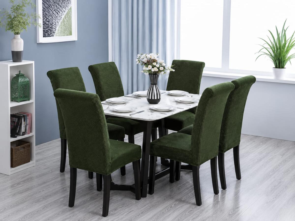 🔥Huse scaune 6 in set material lycra calitative foarte bune cu elastic aşezează pe scaune rotunde și patrate verde inchis🔥