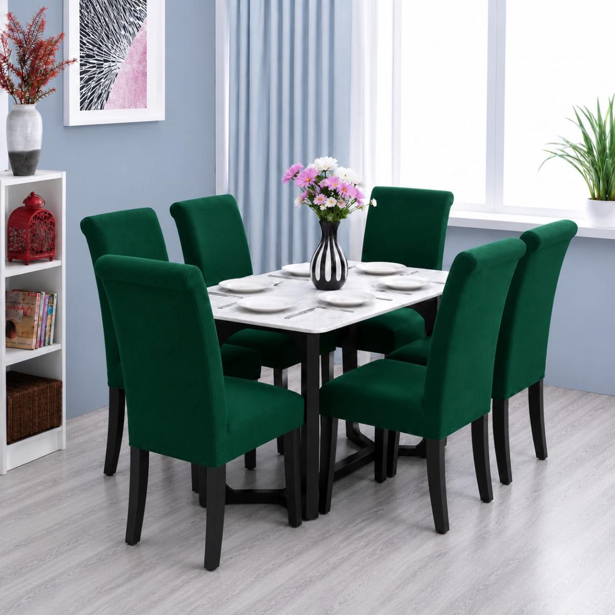 🔥Huse scaune 6 in set material lycra calitative foarte bune cu elastic aşezează pe scaune rotunde și patrate verde smarald🔥