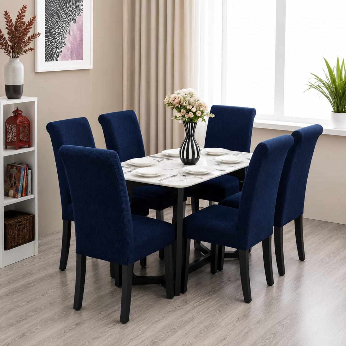 🔥Huse scaune 6 in set material lycra calitative foarte bune cu elastic aşezează pe scaune rotunde și patrate albastru inchis🔥