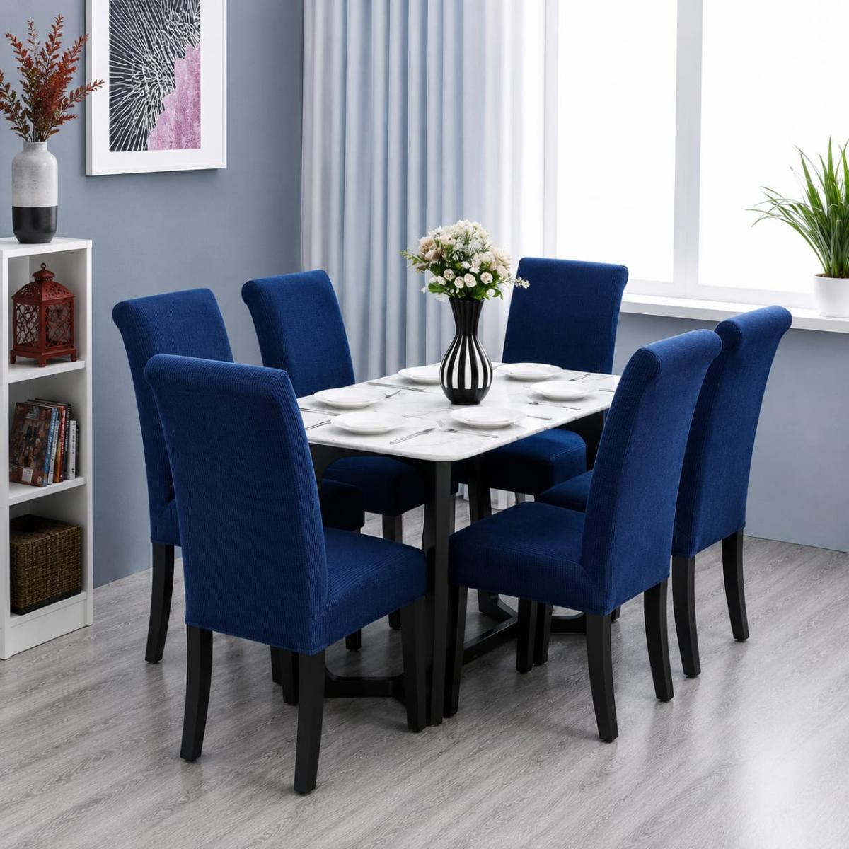 🔥Huse scaune 6 in set material lycra calitative foarte bune cu elastic aşezează pe scaune rotunde și patrate albastru🔥