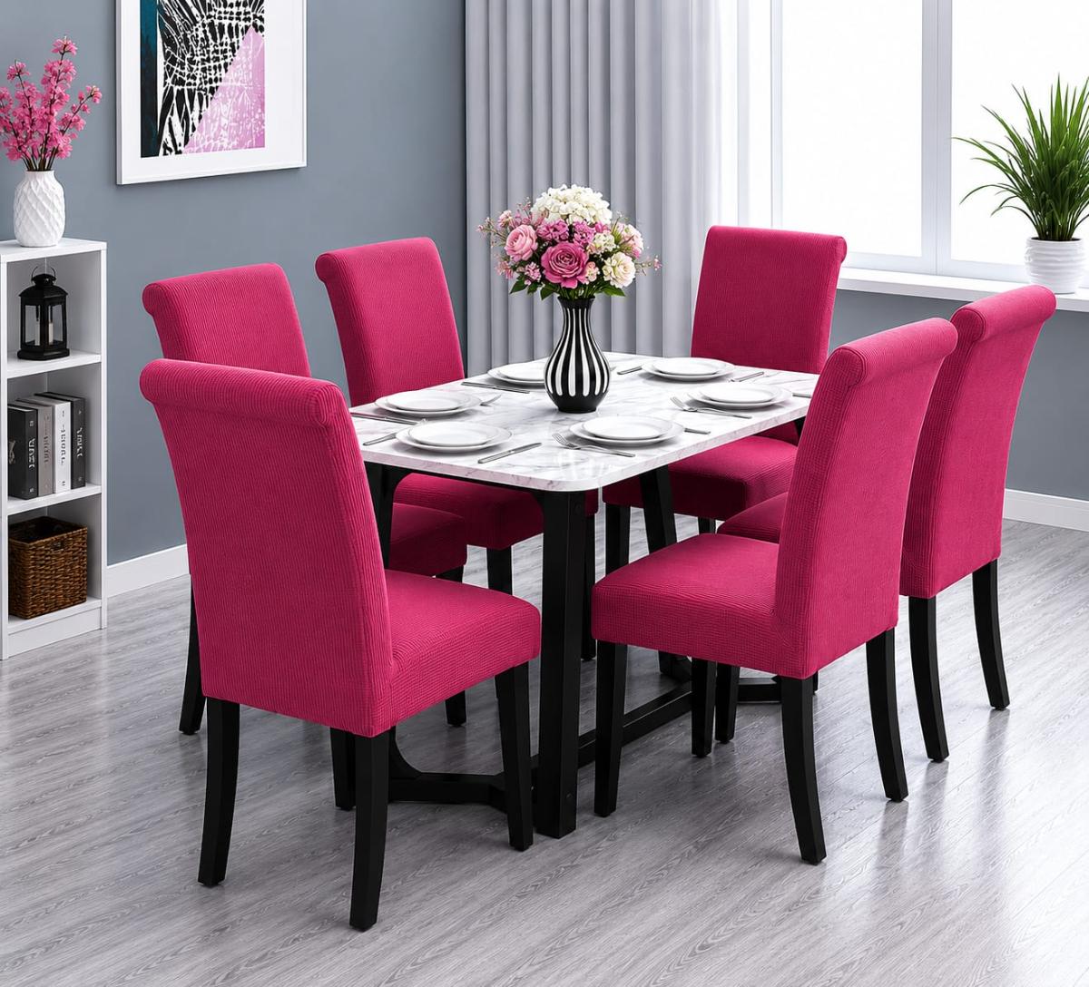 🔥Huse scaune 6 in set material lycra calitative foarte bune cu elastic aşezează pe scaune rotunde și patrate roz inchis🔥