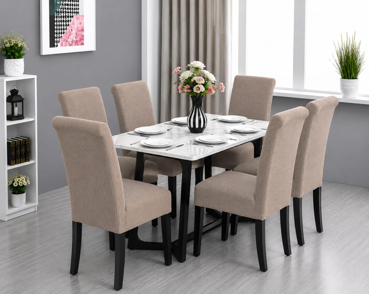 🔥Huse scaune 6 in set material lycra calitative foarte bune cu elastic aşezează pe scaune rotunde și patrate cappuccino🔥