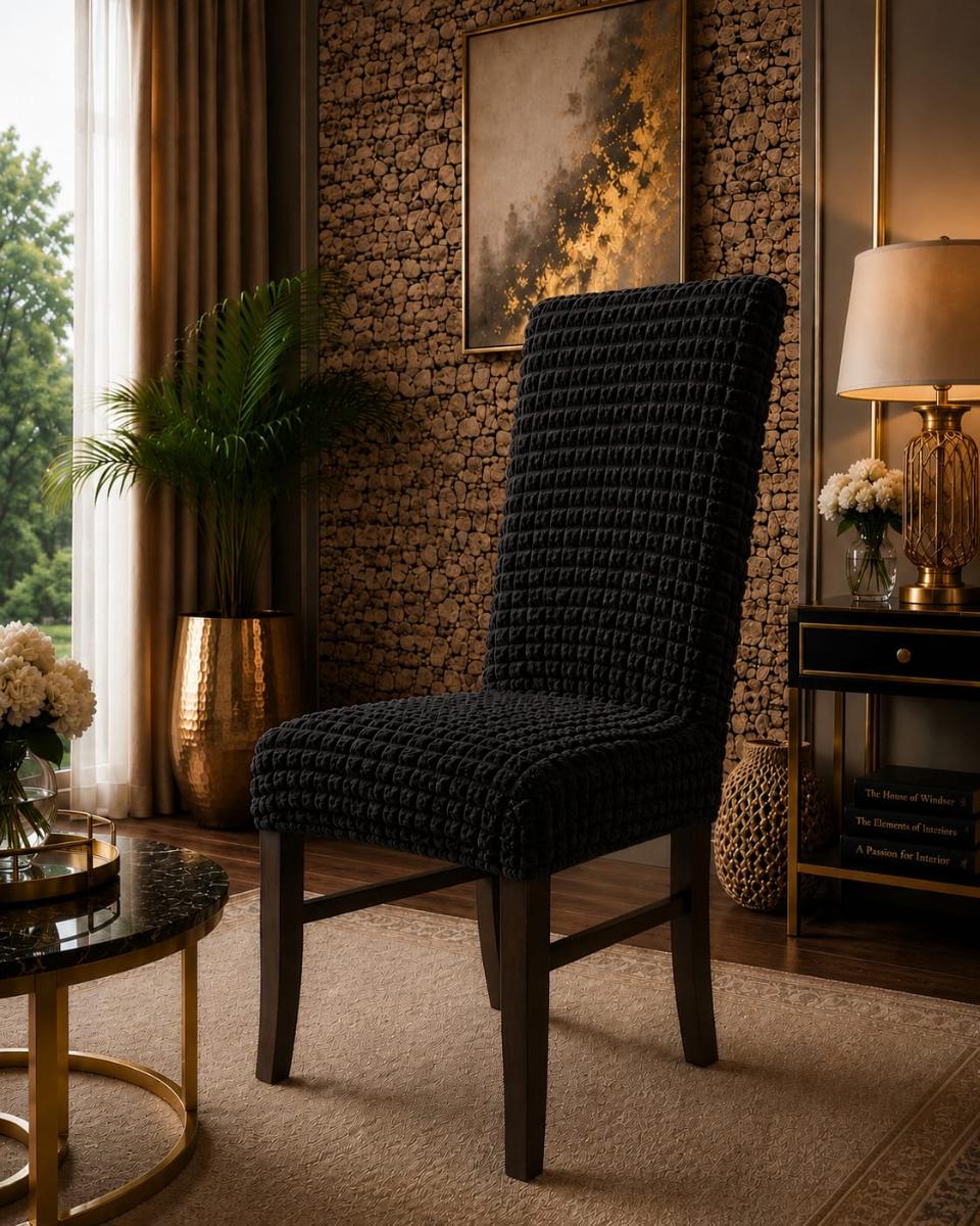🔥Huse 6 in set premium pentru scaune rotunde şi pătrate material creponat cu elastic se aşezează foarte bine pe scaune cu preț super oferta negru🔥