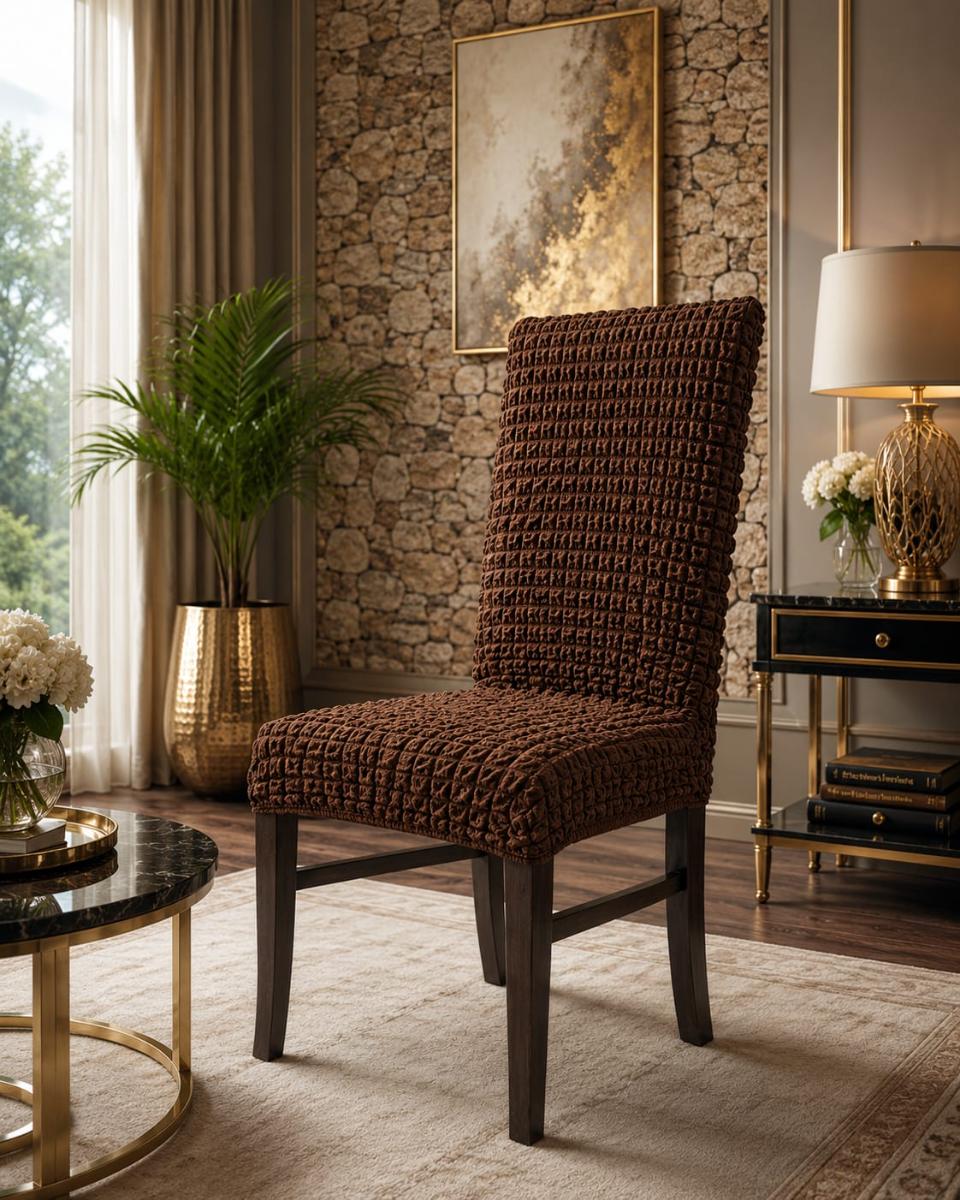 🔥Huse 6 in set premium pentru scaune rotunde şi pătrate material creponat cu elastic se aşezează foarte bine pe scaune cu preț super oferta maro inchis🔥