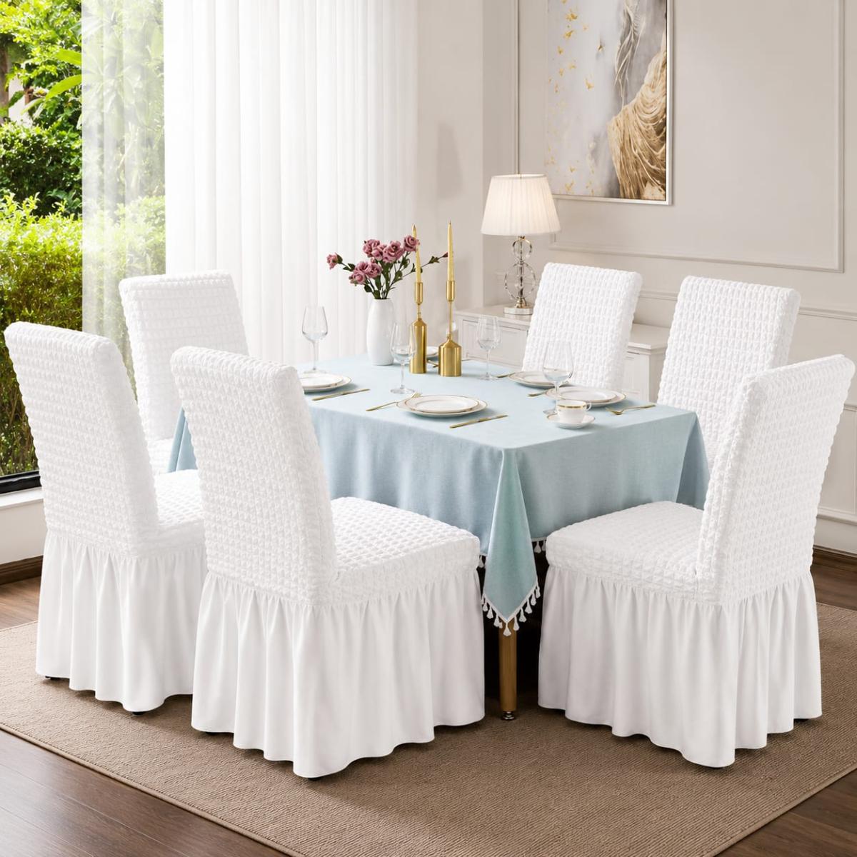 🔥Huse premium superb calitate pentru scaune 6 bucați in set material creponat cu volanași cu elastic se aşezează pe oricare fel de scaune fiind rotund sau pătrat alb🔥