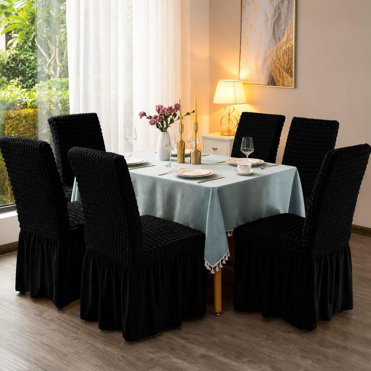 🔥Huse premium superb calitate pentru scaune 6 bucați in set material creponat cu volanași cu elastic se aşezează pe oricare fel de scaune fiind rotund sau pătrat negru🔥