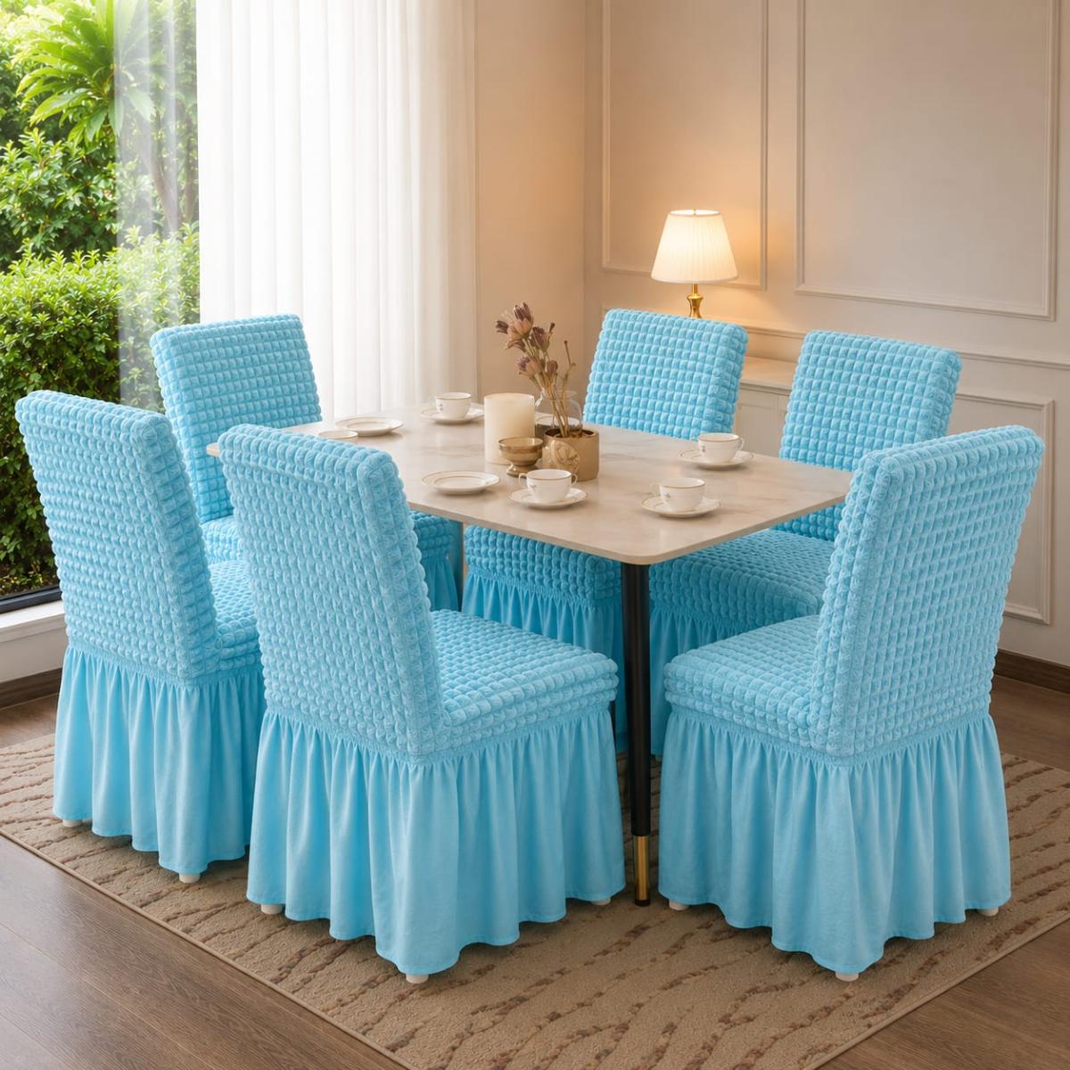 🔥Huse premium superb calitate pentru scaune 6 bucați in set material creponat cu volanași cu elastic se aşezează pe oricare fel de scaune fiind rotund sau pătrat bleu🔥