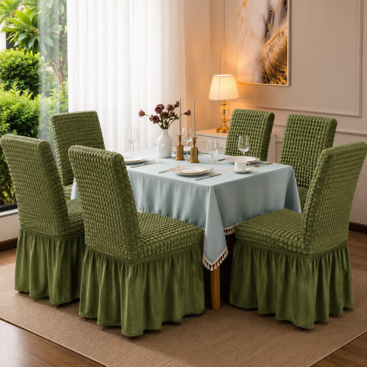 🔥Huse premium superb calitate pentru scaune 6 bucați in set material creponat cu volanași cu elastic se aşezează pe oricare fel de scaune fiind rotund sau pătrat verde🔥