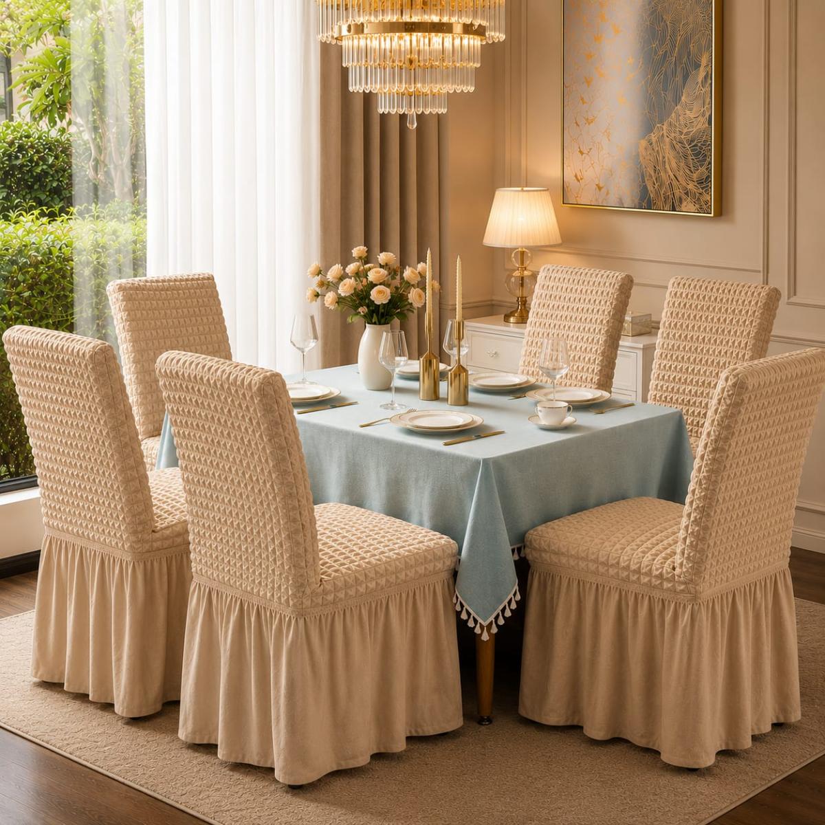 🔥Huse premium superb calitate pentru scaune 6 bucați in set material creponat cu volanași cu elastic se aşezează pe oricare fel de scaune fiind rotund sau pătrat bej deschis🔥
