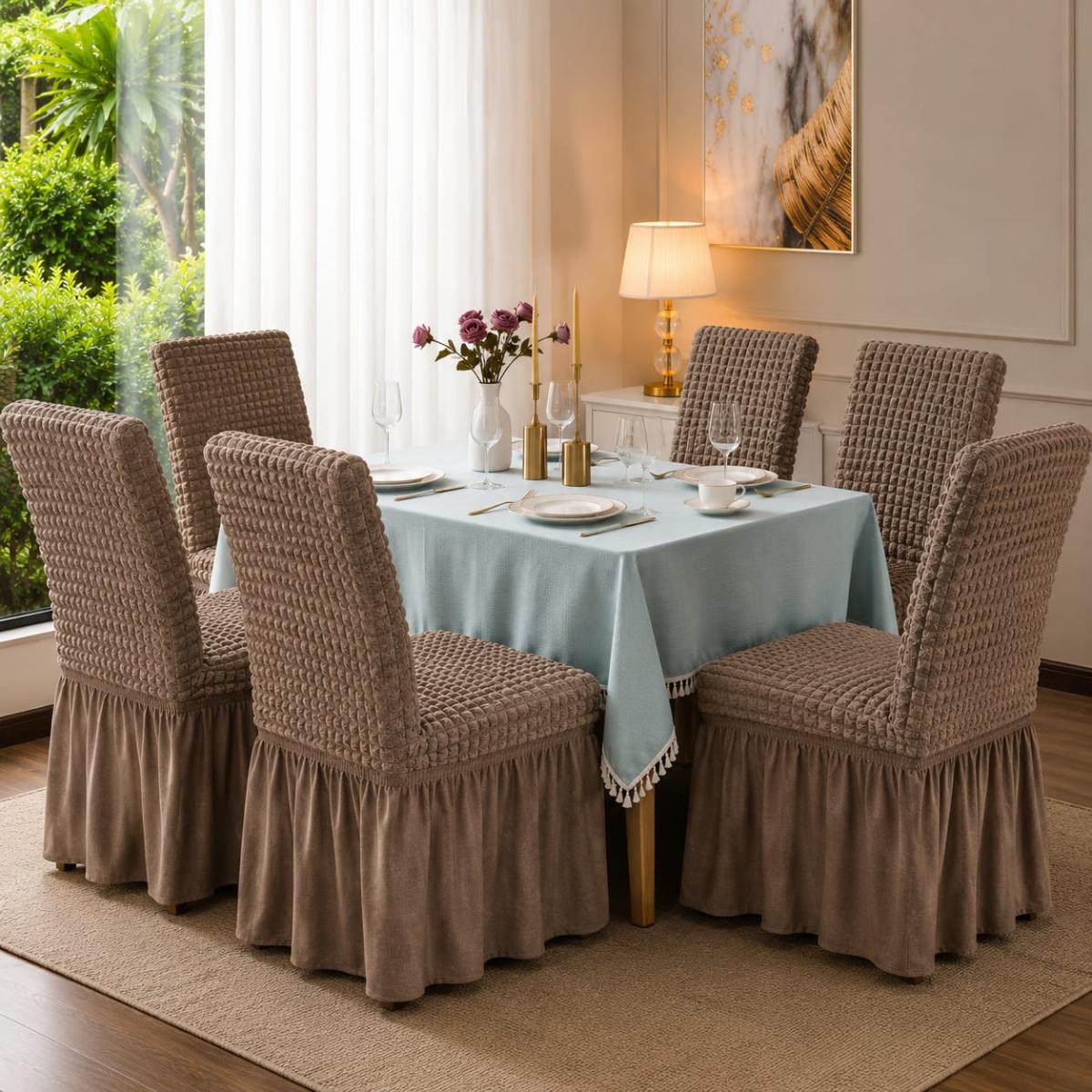 🔥Huse premium superb calitate pentru scaune 6 bucați in set material creponat cu volanași cu elastic se aşezează pe oricare fel de scaune fiind rotund sau pătrat cappuccino🔥