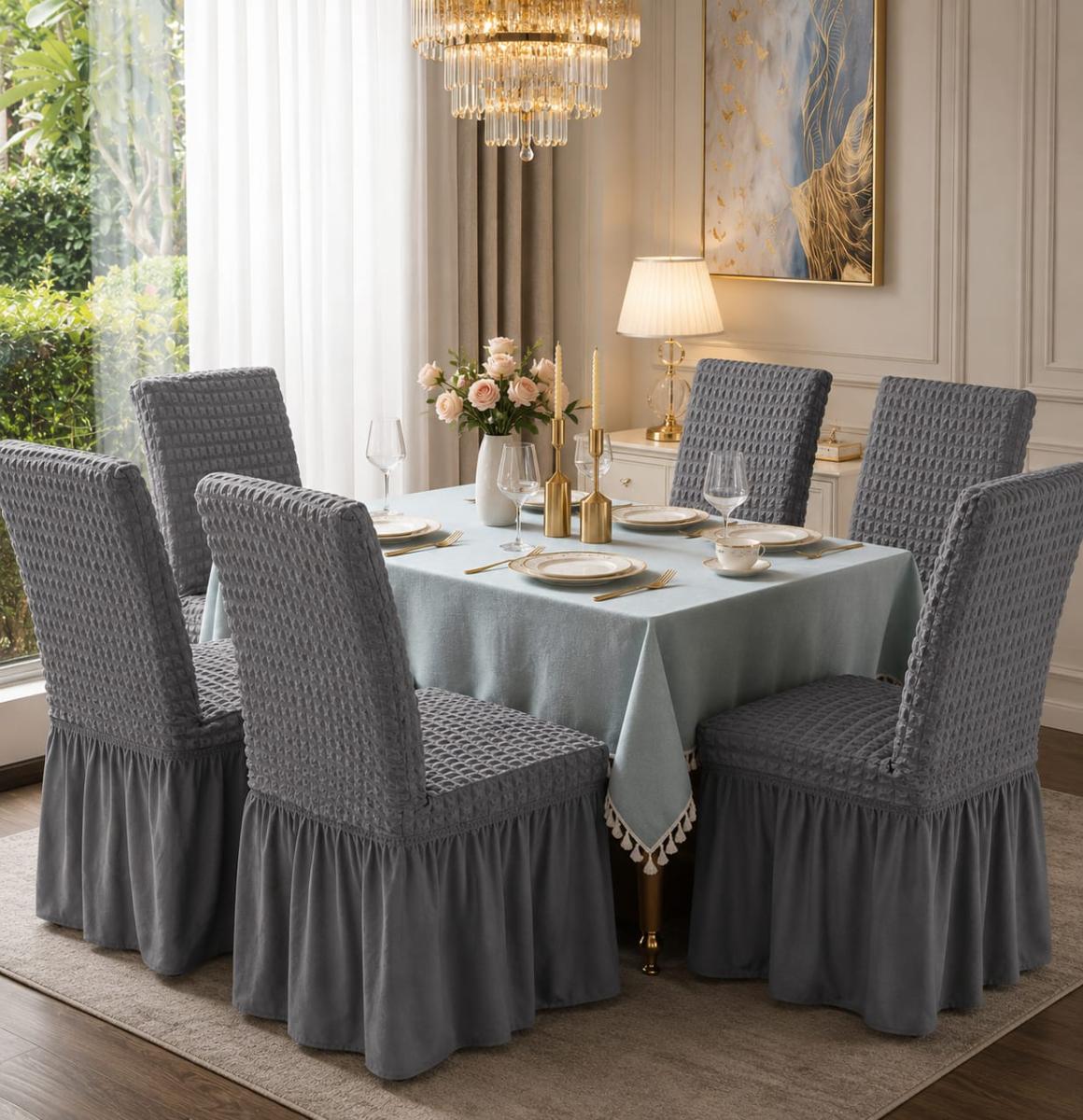 🔥Huse premium superb calitate pentru scaune 6 bucați in set material creponat cu volanași cu elastic se aşezează pe oricare fel de scaune fiind rotund sau pătrat gri deschis🔥