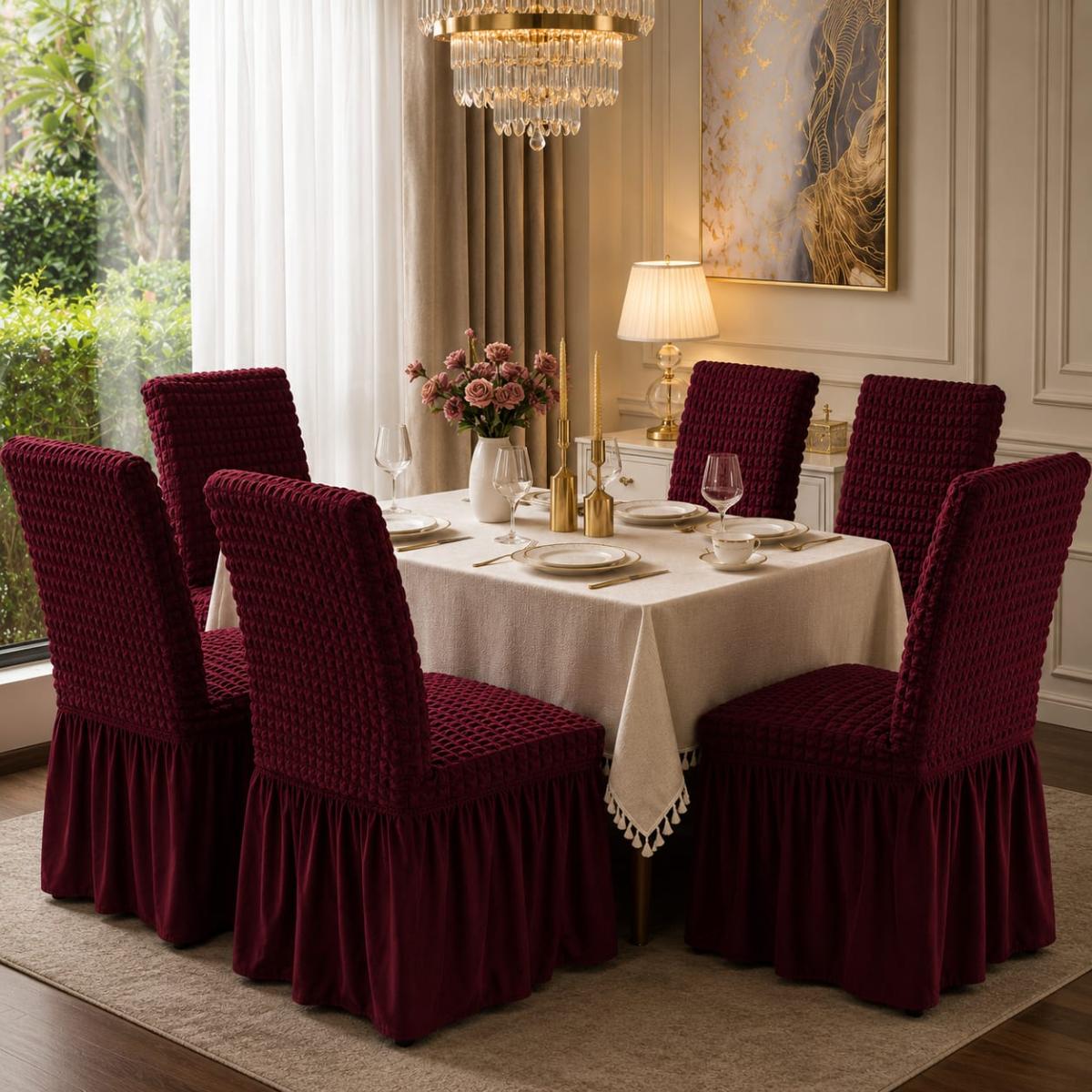 🔥Huse premium superb calitate pentru scaune 6 bucați in set material creponat cu volanași cu elastic se aşezează pe oricare fel de scaune fiind rotund sau pătrat grena🔥