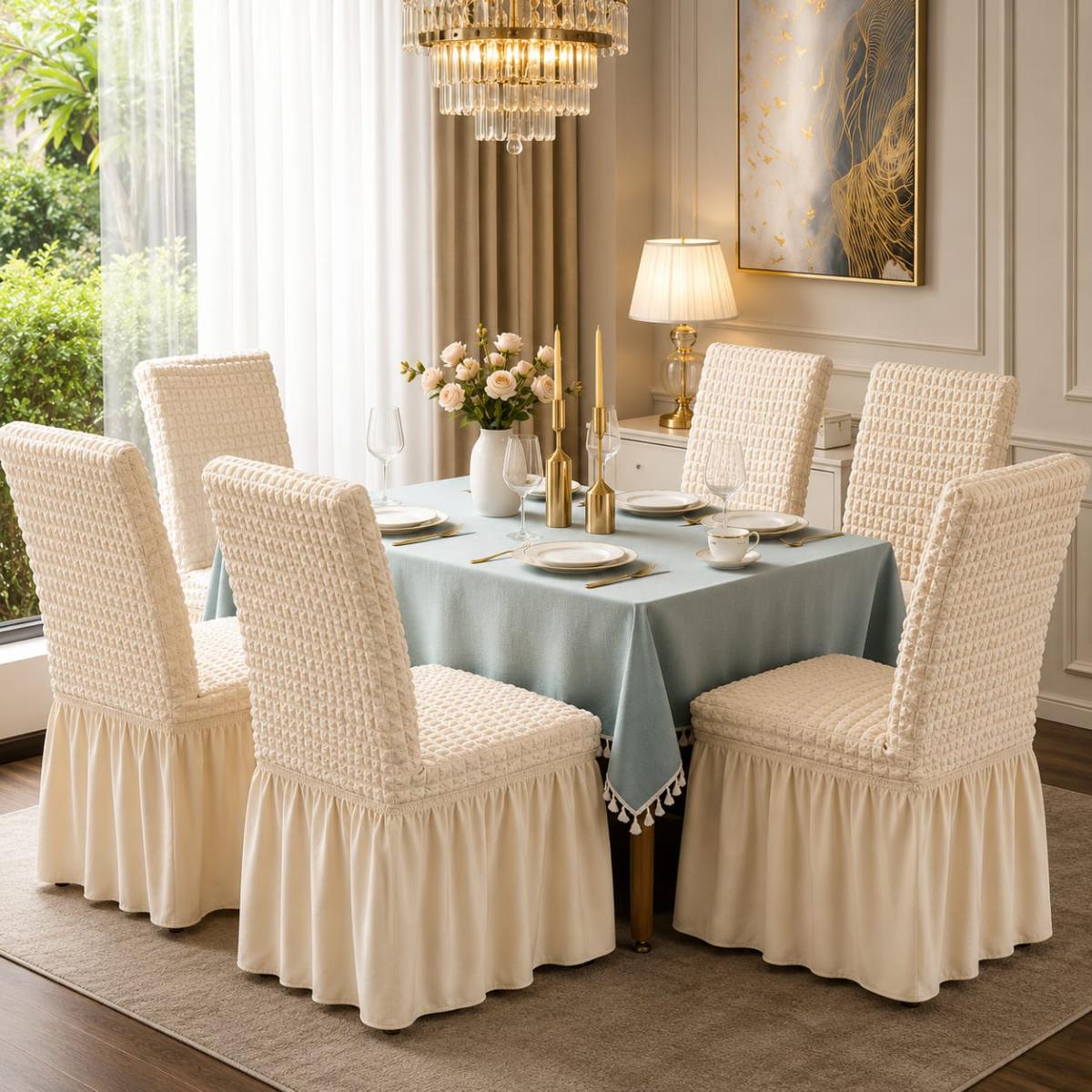 🔥Huse premium superb calitate pentru scaune 6 bucați in set material creponat cu volanași cu elastic se aşezează pe oricare fel de scaune fiind rotund sau pătrat crem🔥