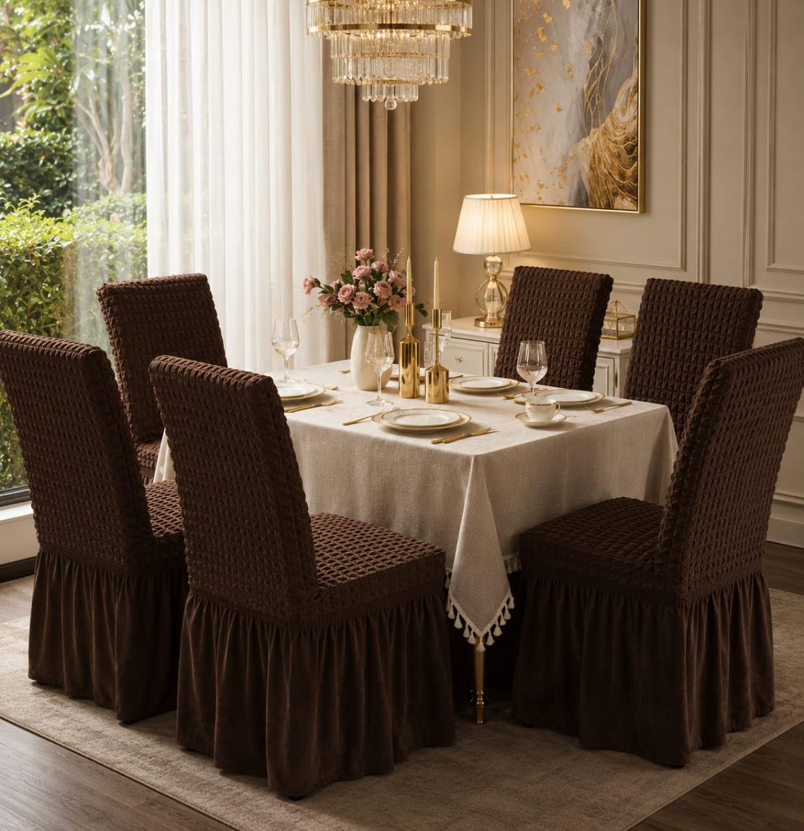 🔥Huse premium superb calitate pentru scaune 6 bucați in set material creponat cu volanași cu elastic se aşezează pe oricare fel de scaune fiind rotund sau pătrat maro inchis🔥