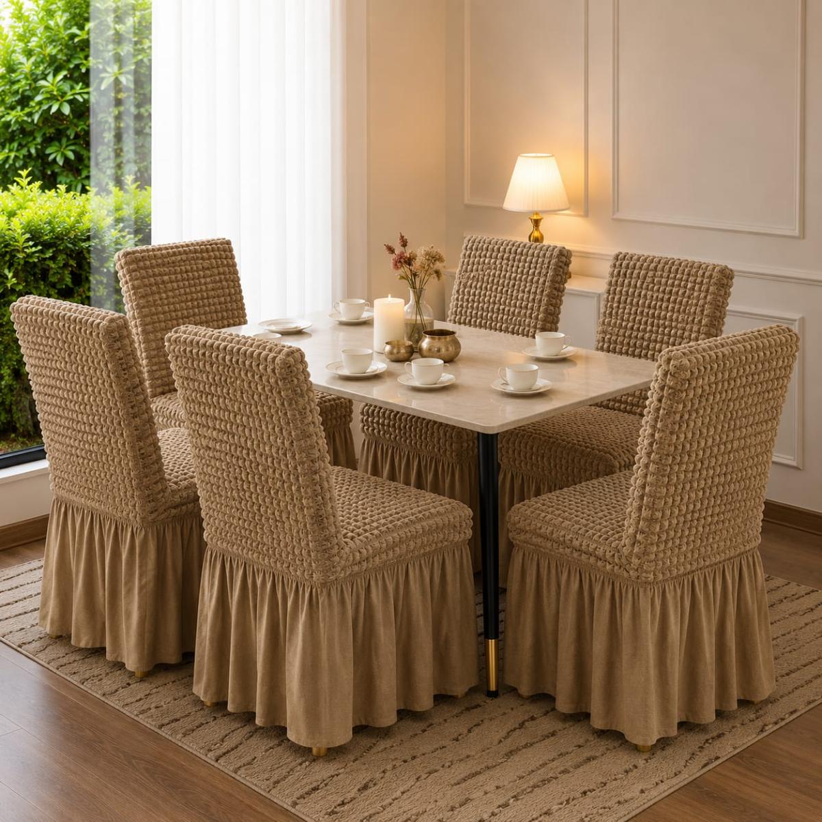 🔥Huse premium superb calitate pentru scaune 6 bucați in set material creponat cu volanași cu elastic se aşezează pe oricare fel de scaune fiind rotund sau pătrat bej🔥