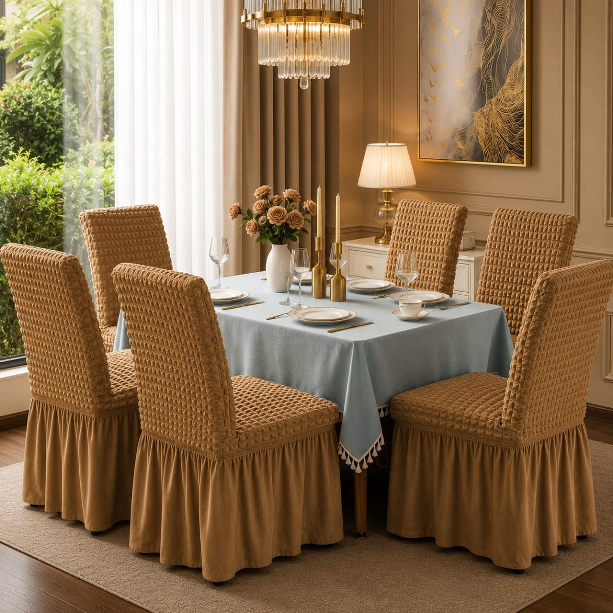 🔥Huse premium superb calitate pentru scaune 6 bucați in set material creponat cu volanași cu elastic se aşezează pe oricare fel de scaune fiind rotund sau pătrat bej inchis🔥