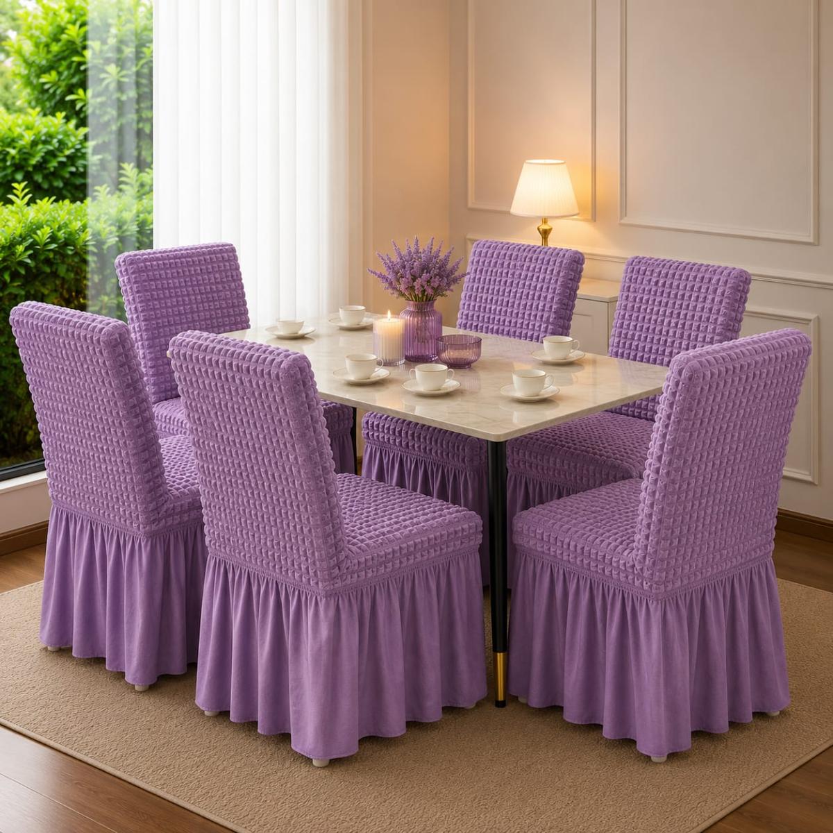 🔥Huse premium superb calitate pentru scaune 6 bucați in set material creponat cu volanași cu elastic se aşezează pe oricare fel de scaune fiind rotund sau pătrat lila🔥