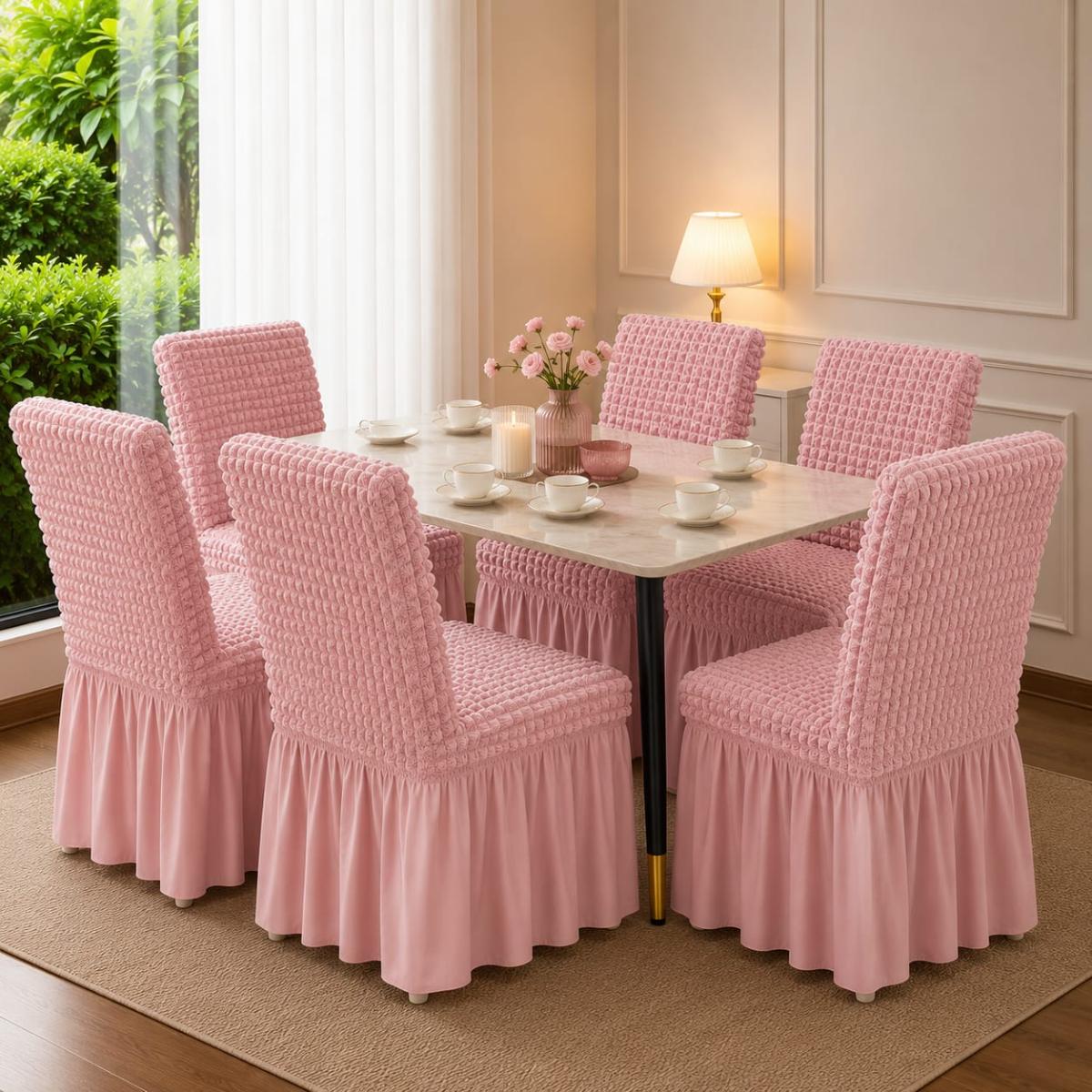 🔥Huse premium superb calitate pentru scaune 6 bucați in set material creponat cu volanași cu elastic se aşezează pe oricare fel de scaune fiind rotund sau pătrat roz🔥