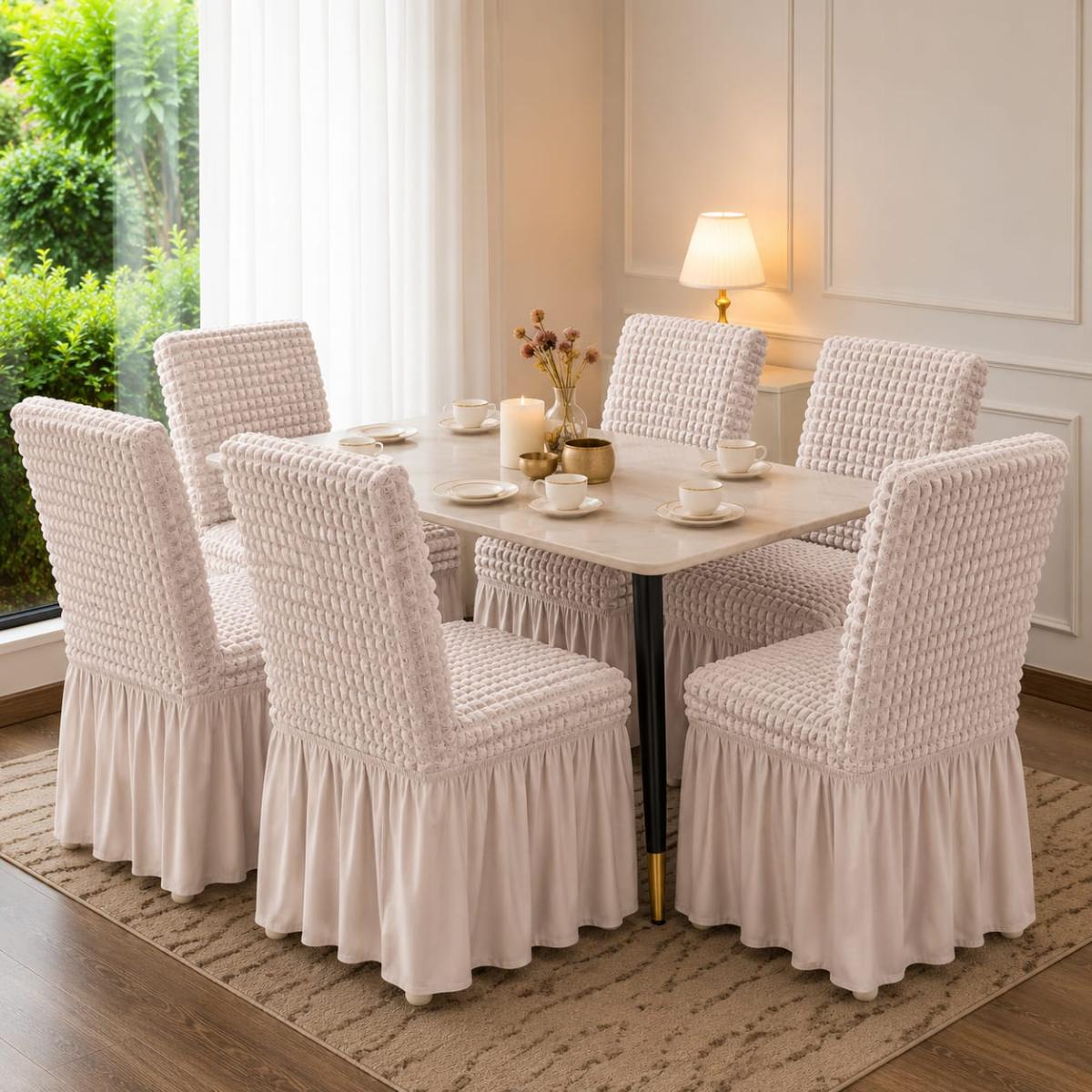 🔥Huse premium superb calitate pentru scaune 6 bucați in set material creponat cu volanași cu elastic se aşezează pe oricare fel de scaune fiind rotund sau pătrat natur🔥