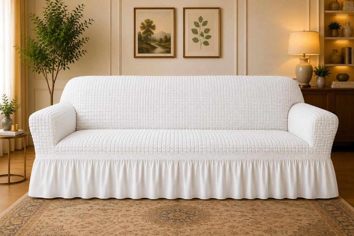 🔥Huse premium canapea 3 Locuri material creponat cu volan huse canapea creponate material bun cu elastic se conținue buretele care așesezează foarte bun cu canapea alb🔥