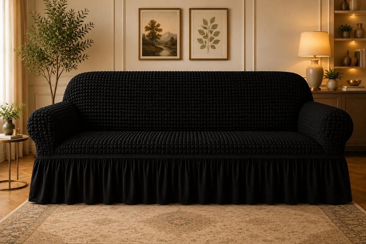 🔥Huse premium canapea 3 Locuri material creponat cu volan huse canapea creponate material bun cu elastic se conținue buretele care așesezează foarte bun cu canapea negru🔥