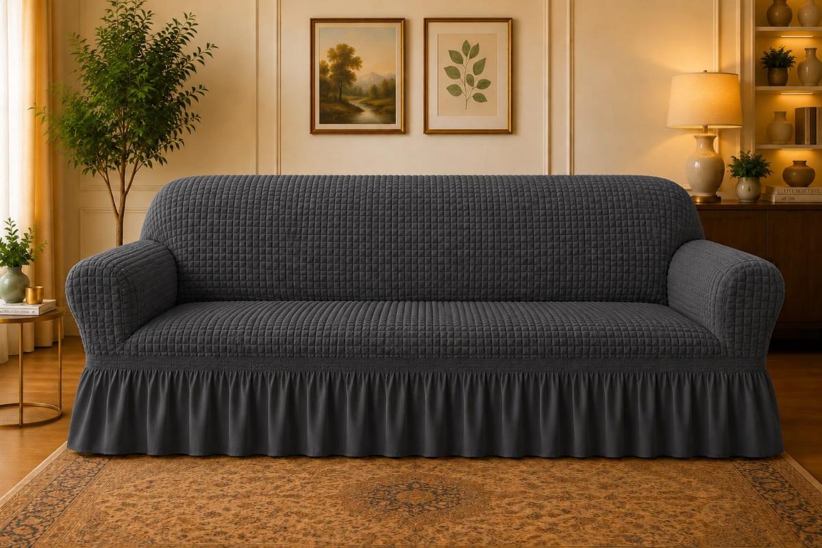 🔥Huse premium canapea 3 Locuri material creponat cu volan huse canapea creponate material bun cu elastic se conținue buretele care așesezează foarte bun cu canapea gri inchis🔥