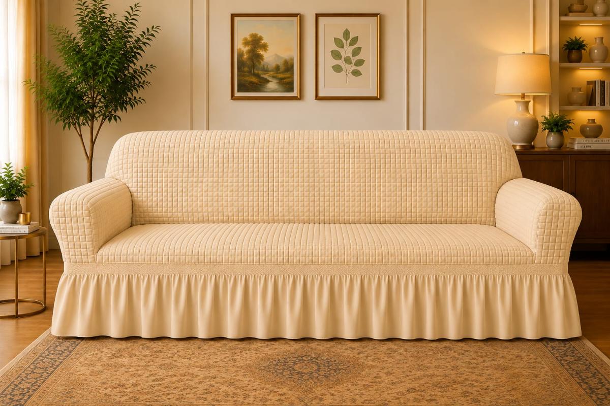 🔥Huse premium canapea 3 Locuri material creponat cu volan huse canapea creponate material bun cu elastic se conținue buretele care așesezează foarte bun cu canapea bej deschis🔥
