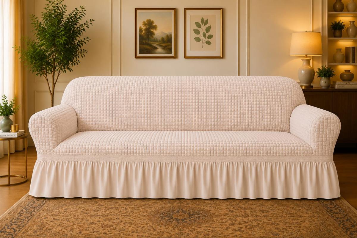 🔥Huse premium canapea 3 Locuri material creponat cu volan huse canapea creponate material bun cu elastic se conținue buretele care așesezează foarte bun cu canapea crem natural🔥