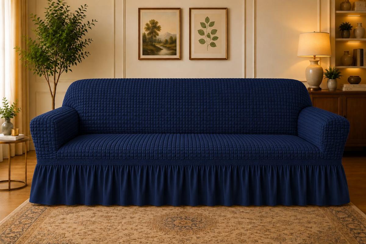🔥Huse premium canapea 3 Locuri material creponat cu volan huse canapea creponate material bun cu elastic se conținue buretele care așesezează foarte bun cu canapea albastru inchis🔥