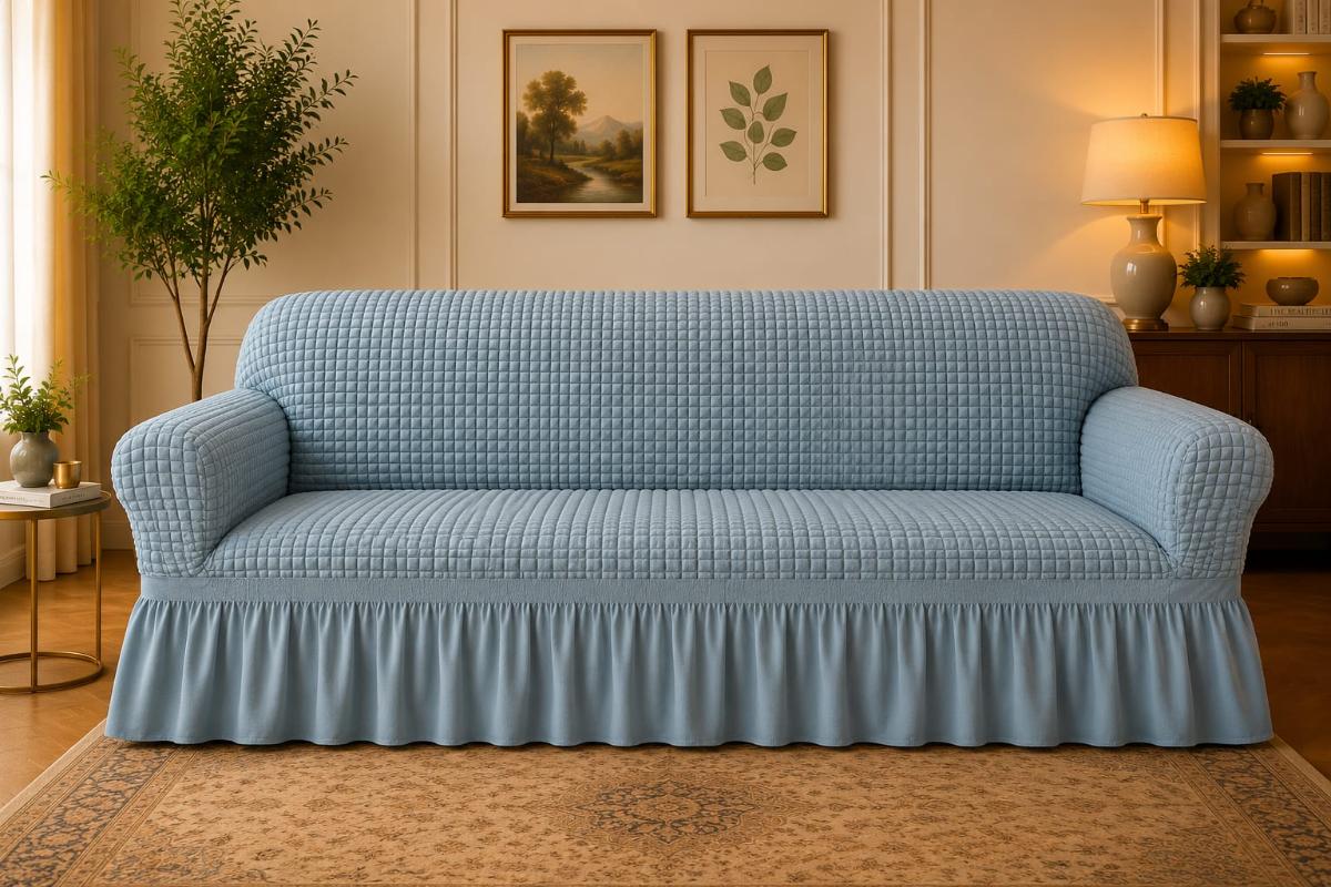 🔥Huse premium canapea 3 Locuri material creponat cu volan huse canapea creponate material bun cu elastic se conținue buretele care așesezează foarte bun cu canapea bleu🔥