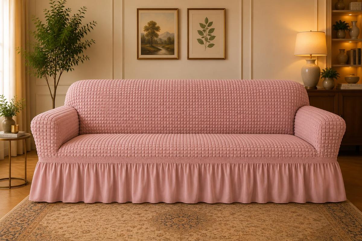 🔥Huse premium canapea 3 Locuri material creponat cu volan huse canapea creponate material bun cu elastic se conținue buretele care așesezează foarte bun cu canapea roz🔥
