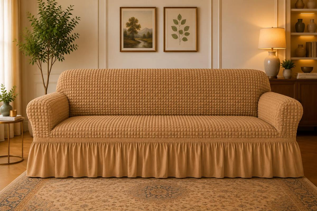 🔥Huse premium canapea 3 Locuri material creponat cu volan huse canapea creponate material bun cu elastic se conținue buretele care așesezează foarte bun cu canapea bej inchis🔥