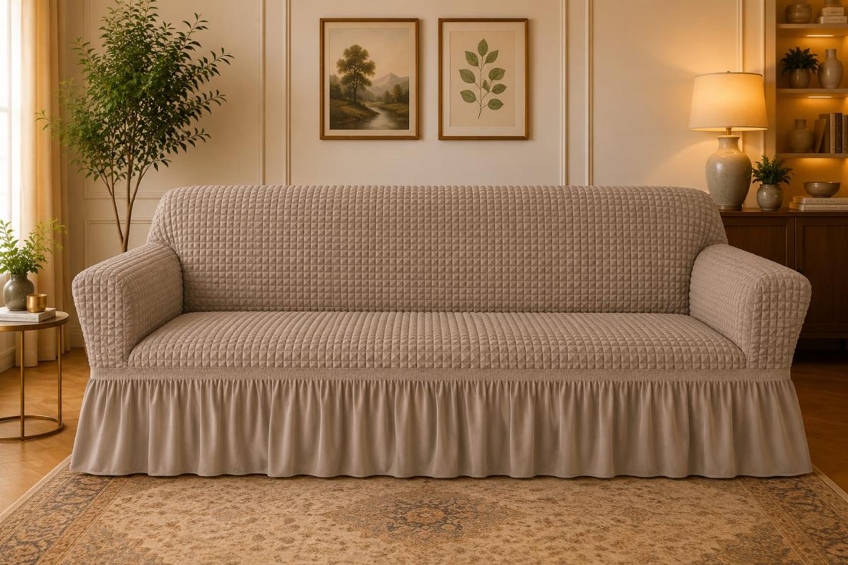 🔥Huse premium canapea 3 Locuri material creponat cu volan huse canapea creponate material bun cu elastic se conținue buretele care așesezează foarte bun cu canapea cafea cu lapte deschis🔥