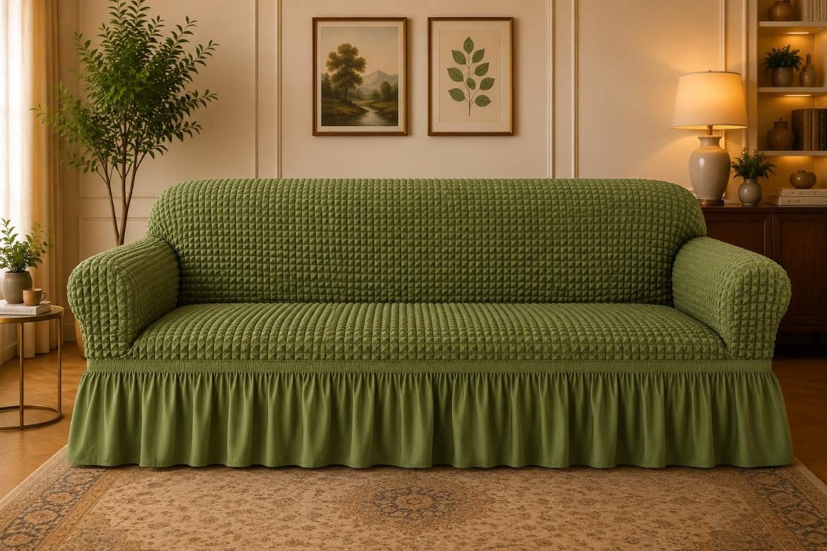 🔥Huse premium canapea 3 Locuri material creponat cu volan huse canapea creponate material bun cu elastic se conținue buretele care așesezează foarte bun cu canapea verde🔥