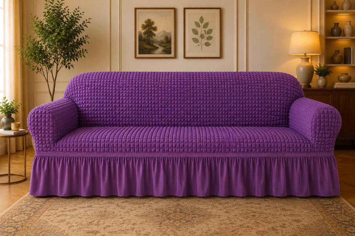 🔥Huse premium canapea 3 Locuri material creponat cu volan huse canapea creponate material bun cu elastic se conținue buretele care așesezează foarte bun cu canapea mov deschis🔥