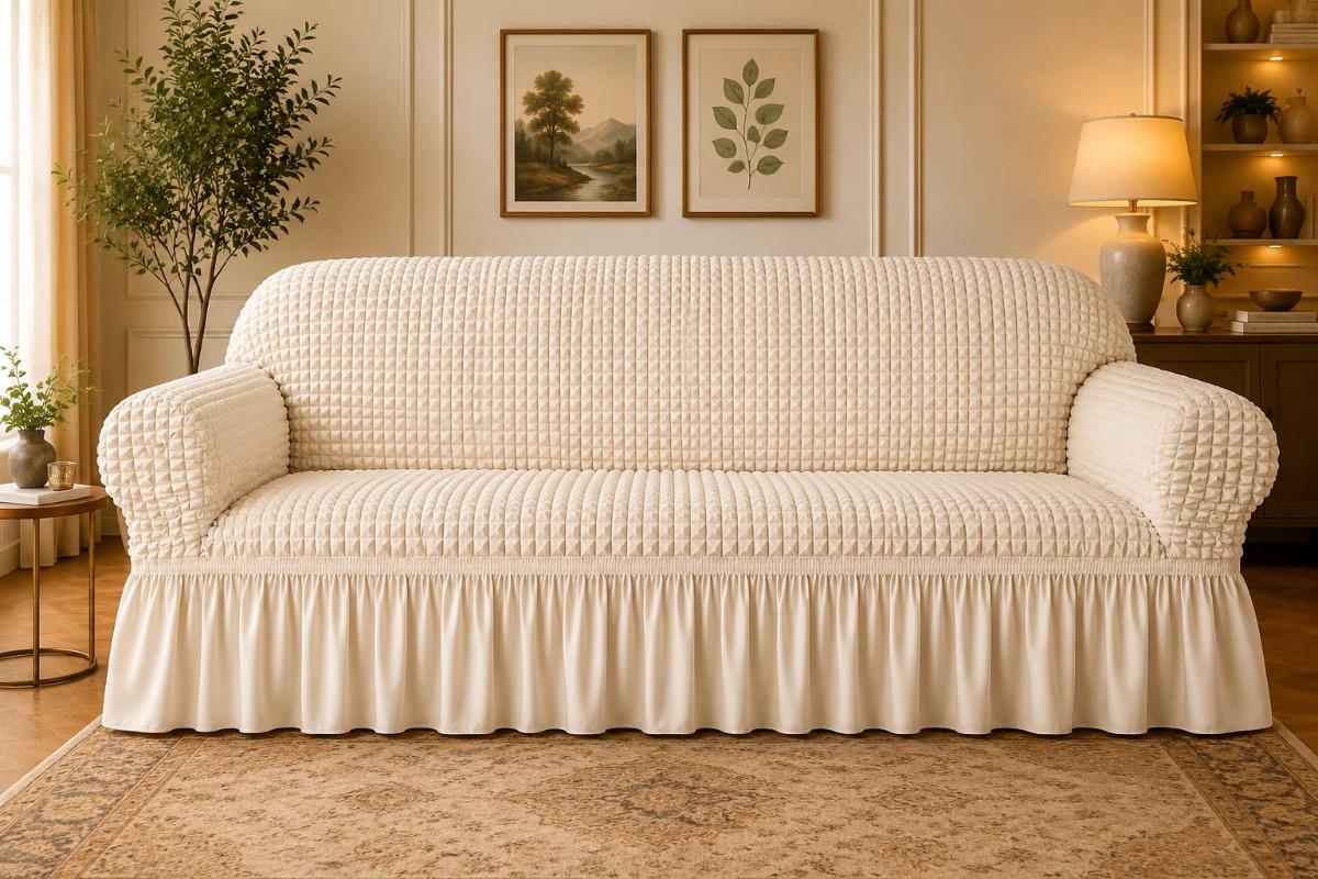 🔥Huse premium canapea 3 Locuri material creponat cu volan huse canapea creponate material bun cu elastic se conținue buretele care așesezează foarte bun cu canapea crem unt🔥