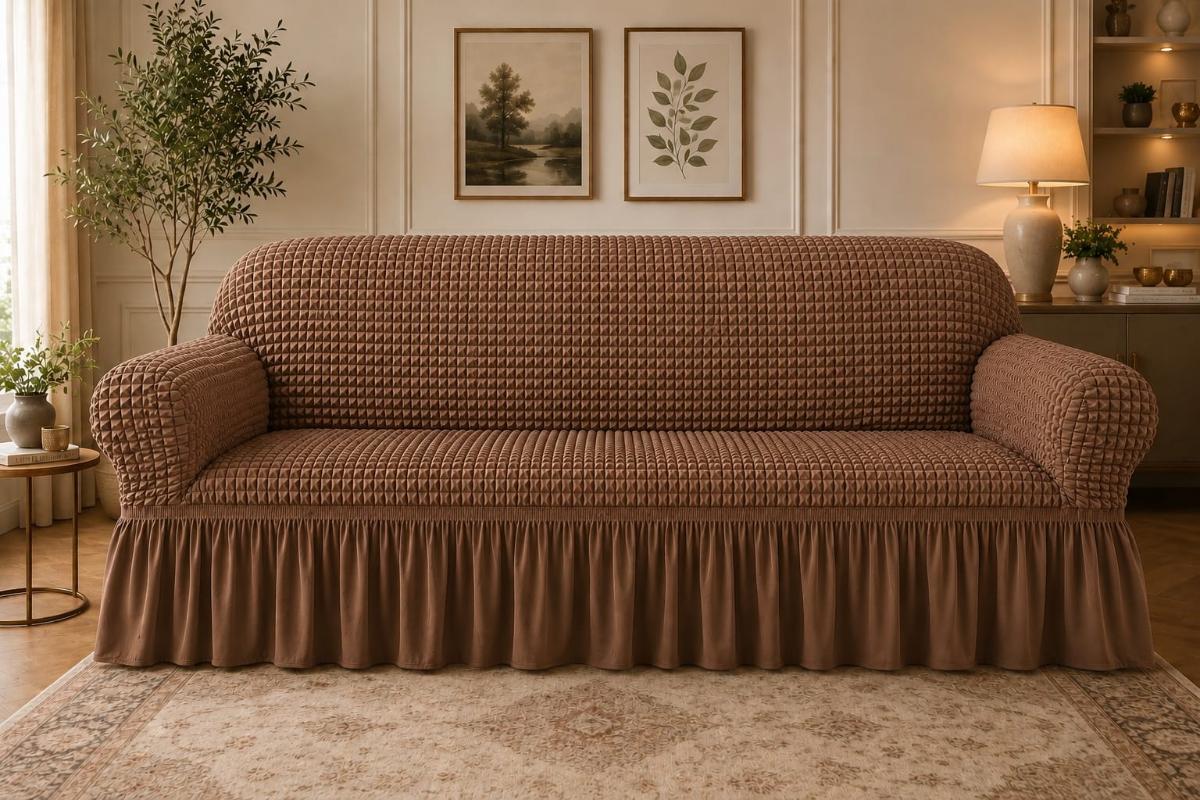 🔥Huse premium canapea 3 Locuri material creponat cu volan huse canapea creponate material bun cu elastic se conținue buretele care așesezează foarte bun cu canapea maro deschis🔥
