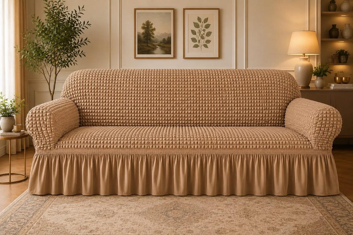 🔥Huse premium canapea 3 Locuri material creponat cu volan huse canapea creponate material bun cu elastic se conținue buretele care așesezează foarte bun cu canapea bej🔥