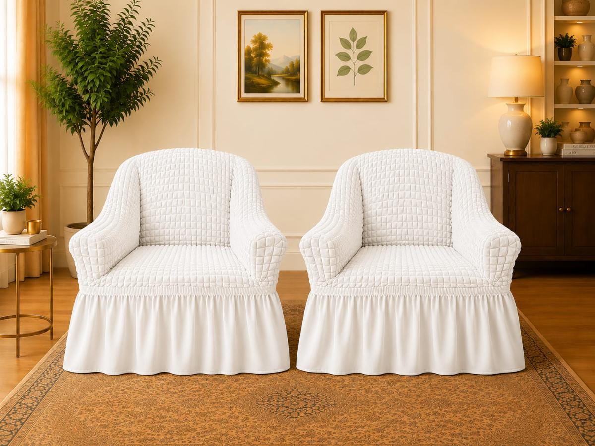 🔥Huse premium canapea set 2 bucați fotolii material creponat cu volan huse fotolii creponate material bun cu elastic se conținue buretele care așesezează foarte bun cu fotoliile alb🔥