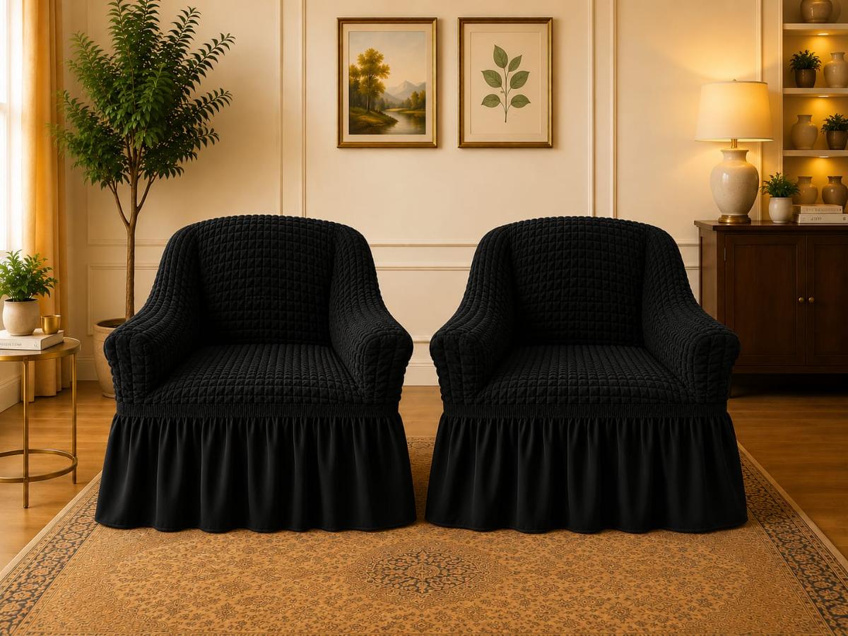 🔥Huse premium canapea set 2 bucați fotolii material creponat cu volan huse fotolii creponate material bun cu elastic se conținue buretele care așesezează foarte bun cu fotoliile negru🔥