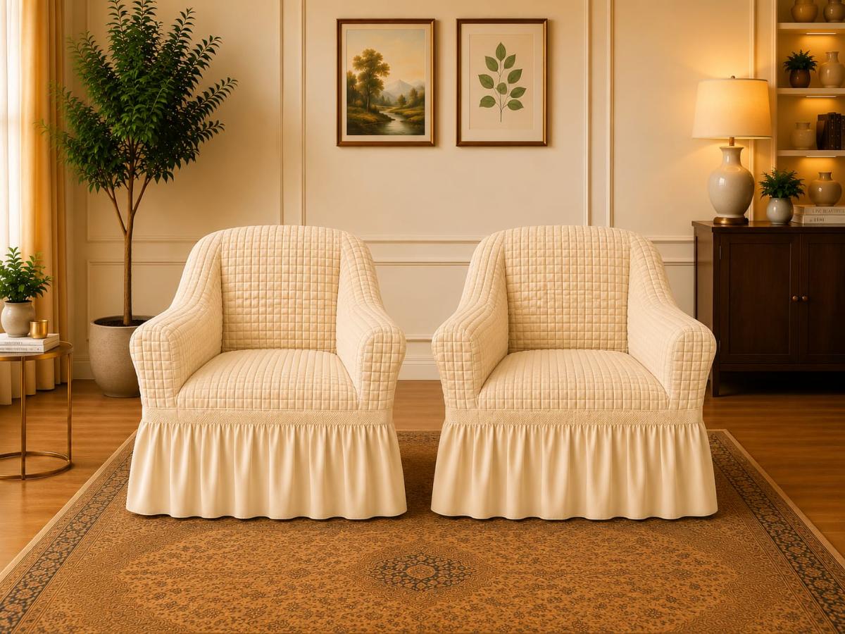 🔥Huse premium canapea set 2 bucați fotolii material creponat cu volan huse fotolii creponate material bun cu elastic se conținue buretele care așesezează foarte bun cu fotoliile bej deschis🔥