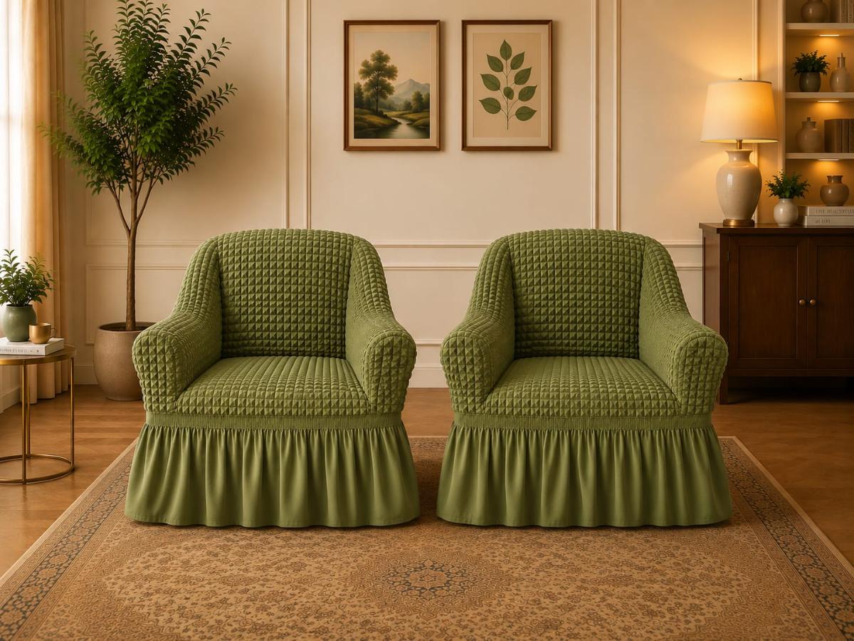 🔥Huse premium canapea set 2 bucați fotolii material creponat cu volan huse fotolii creponate material bun cu elastic se conținue buretele care așesezează foarte bun cu fotoliile verde🔥