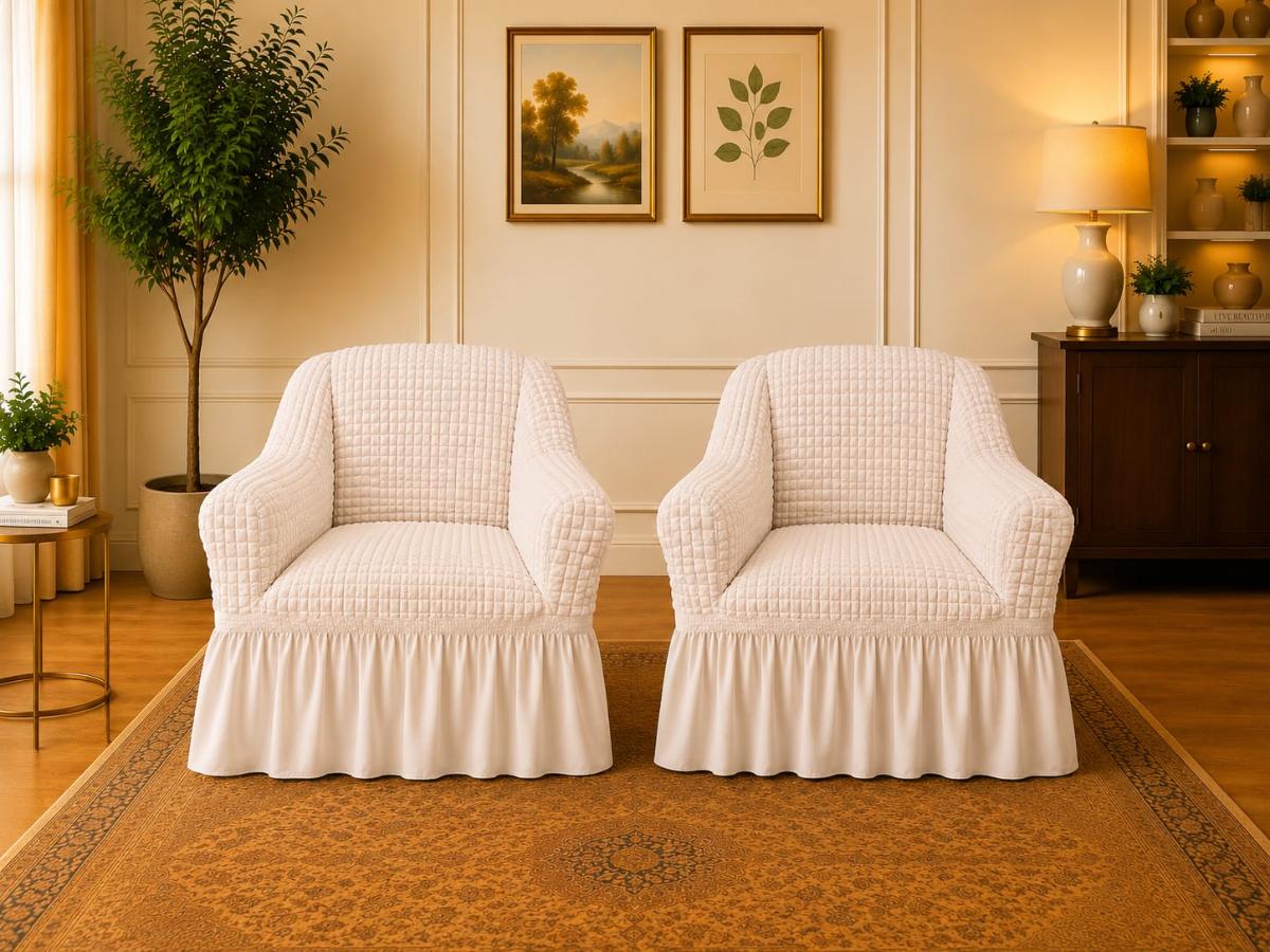 🔥Huse premium canapea set 2 bucați fotolii material creponat cu volan huse fotolii creponate material bun cu elastic se conținue buretele care așesezează foarte bun cu fotoliile crem natural🔥