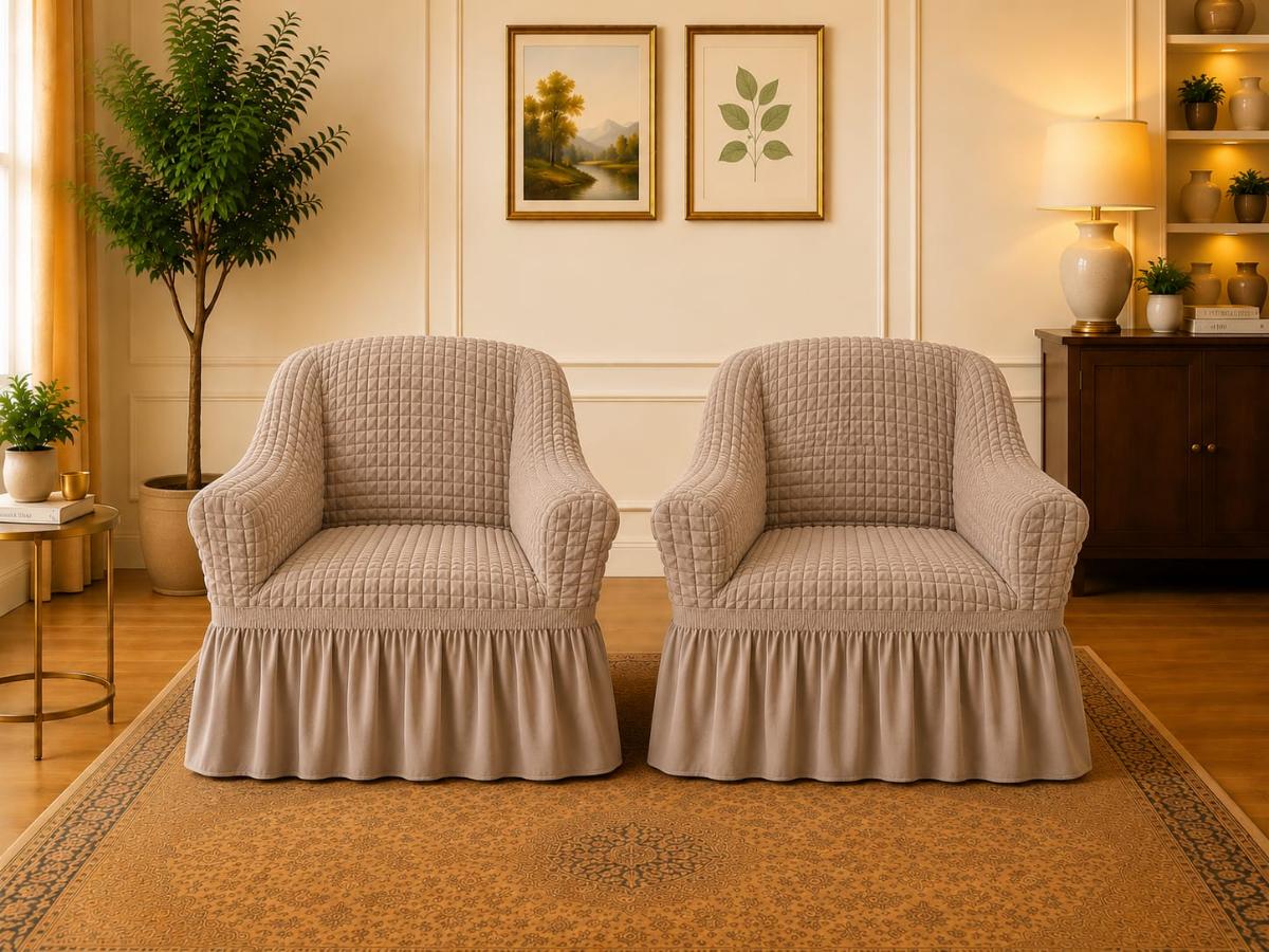 🔥Huse premium canapea set 2 bucați fotolii material creponat cu volan huse fotolii creponate material bun cu elastic se conținue buretele care așesezează foarte bun cu fotoliile cafea cu lapte deschis🔥